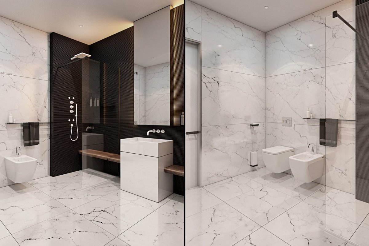 Плитка под мрамор в интерьере ванной