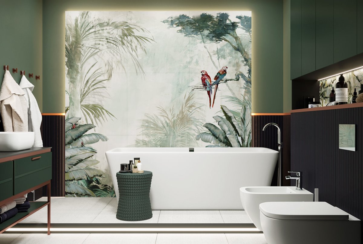 Тропический принт на плитке в ванной