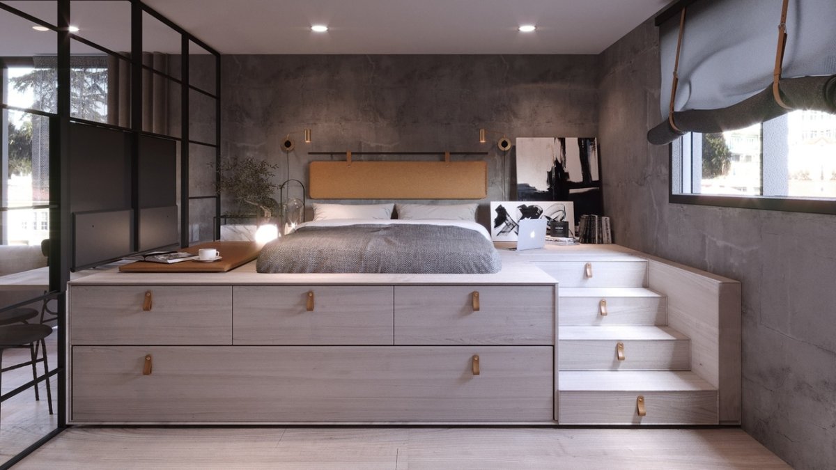 Полуторная усовершенствованная Подиумная кровать в интерьере