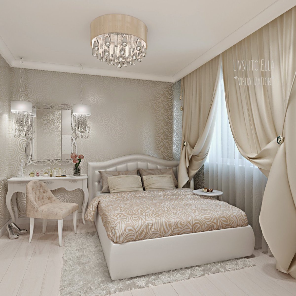 Спальня в неоклассическом стиле в светлых тонах