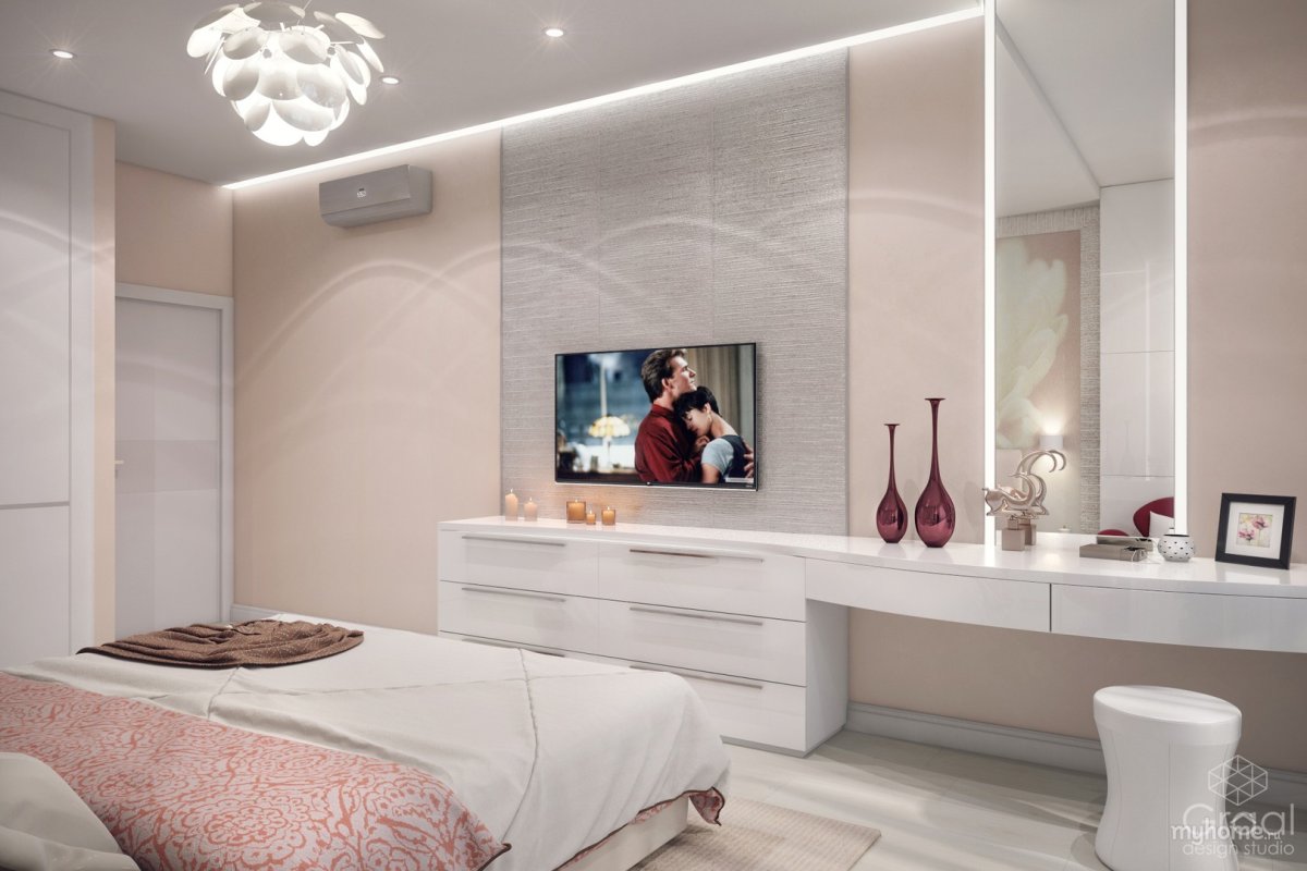 Спальня в персиковых тонах с белой мебелью