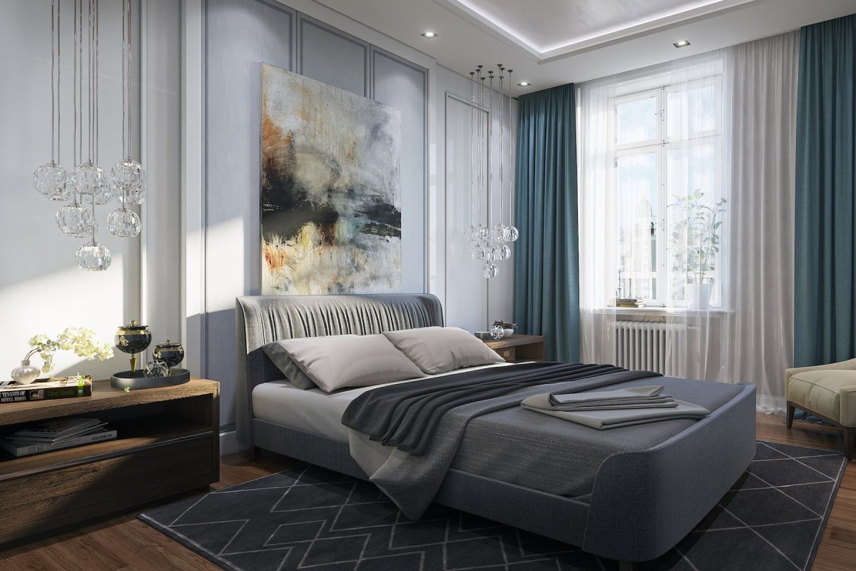 Современный интерьер спальни в серых тонах