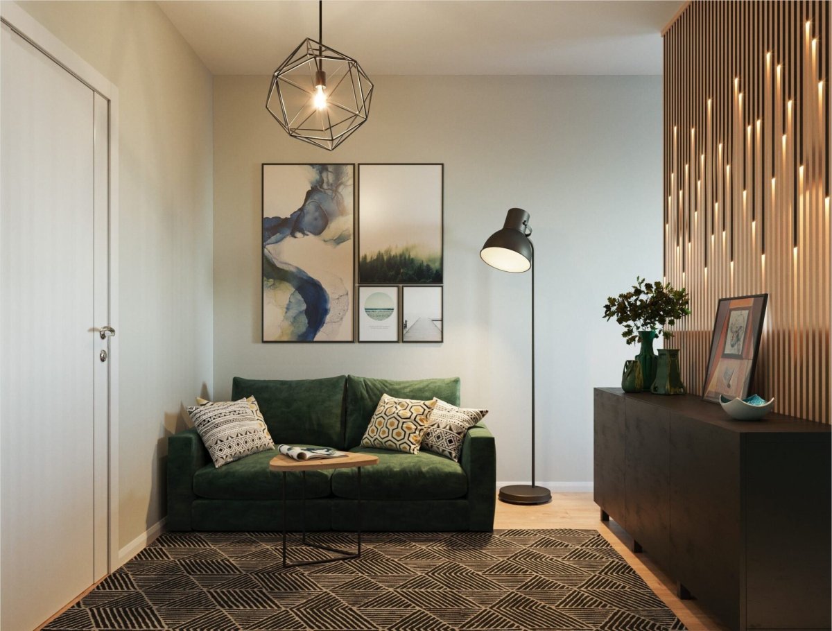 Зеленый диван в скандинавском интерьере