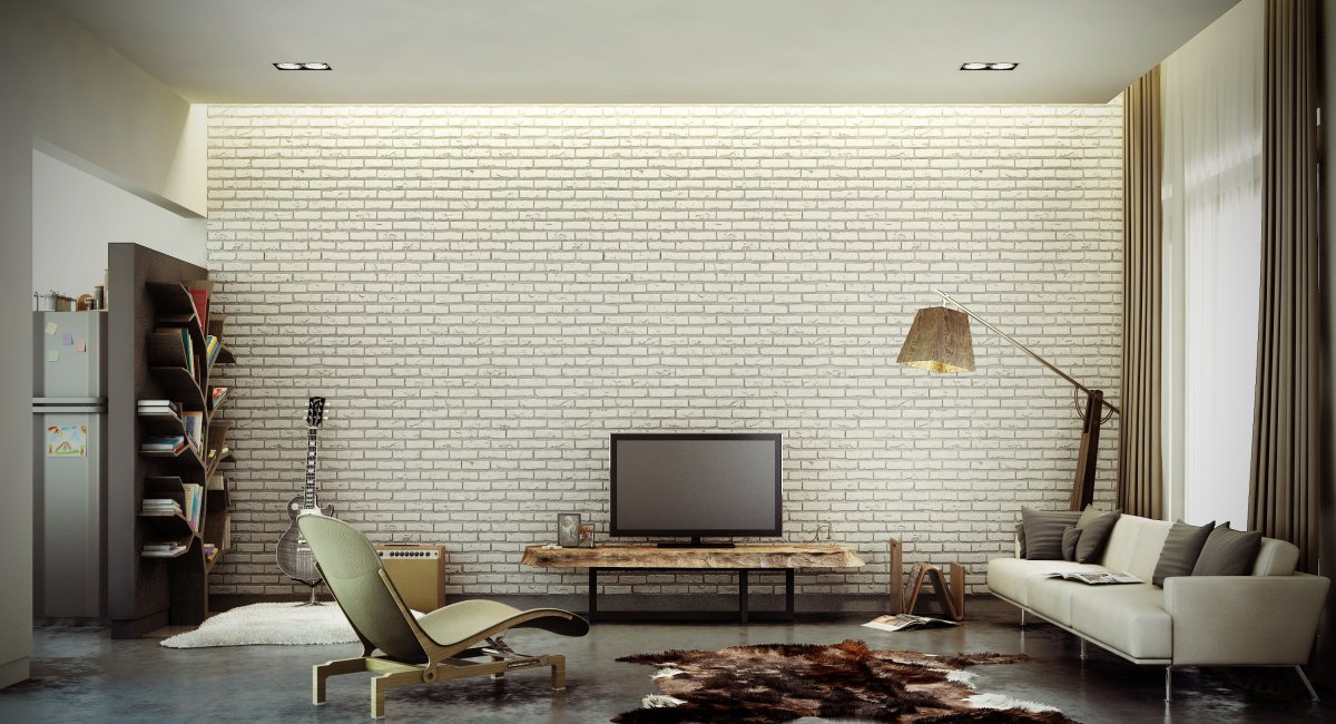 Обои с рисунком кирпичной кладки в интерьере