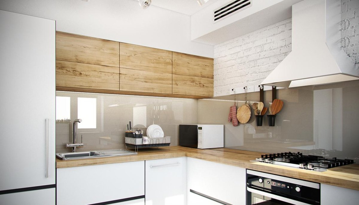 Современная угловая кухня белая с деревом