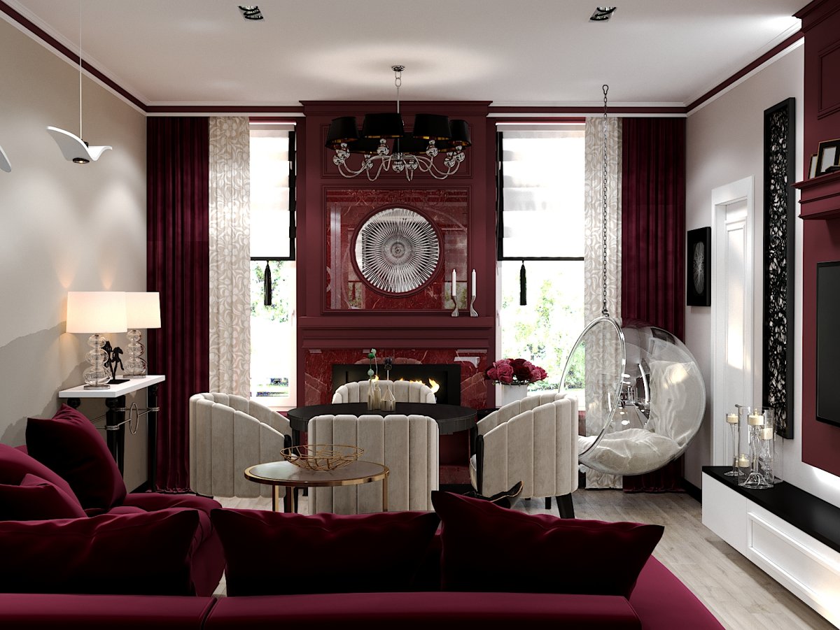 Серо-красная гостиная в классическом стиле