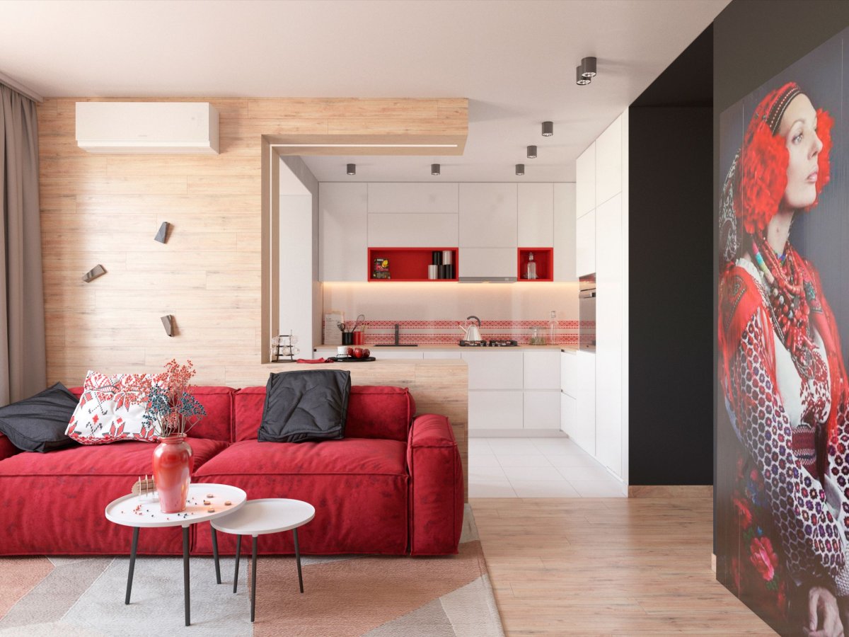 Гостиная с красными акцентами
