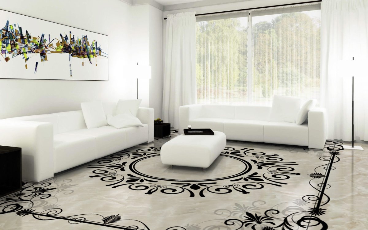 Белый наливной пол с черными узорами