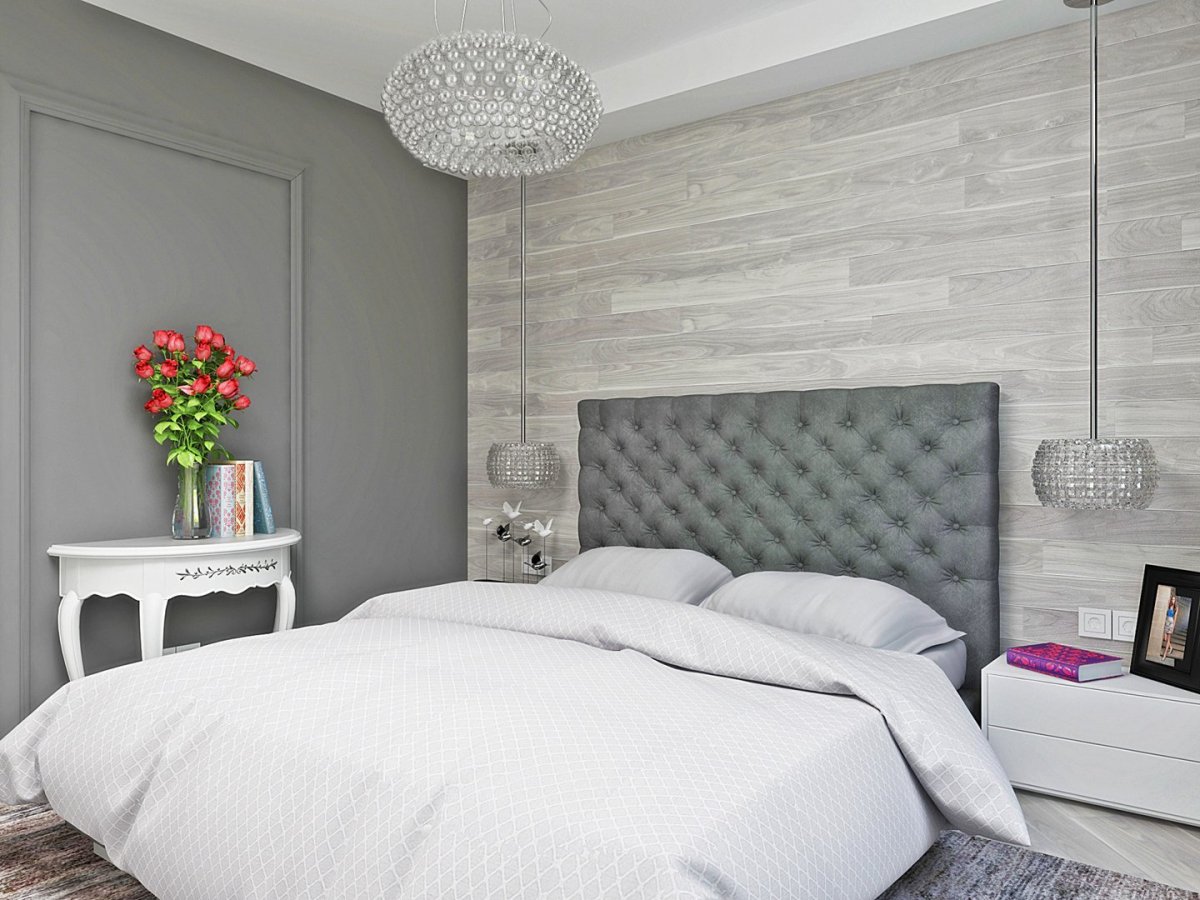 Спальная комната с серым ламинатом