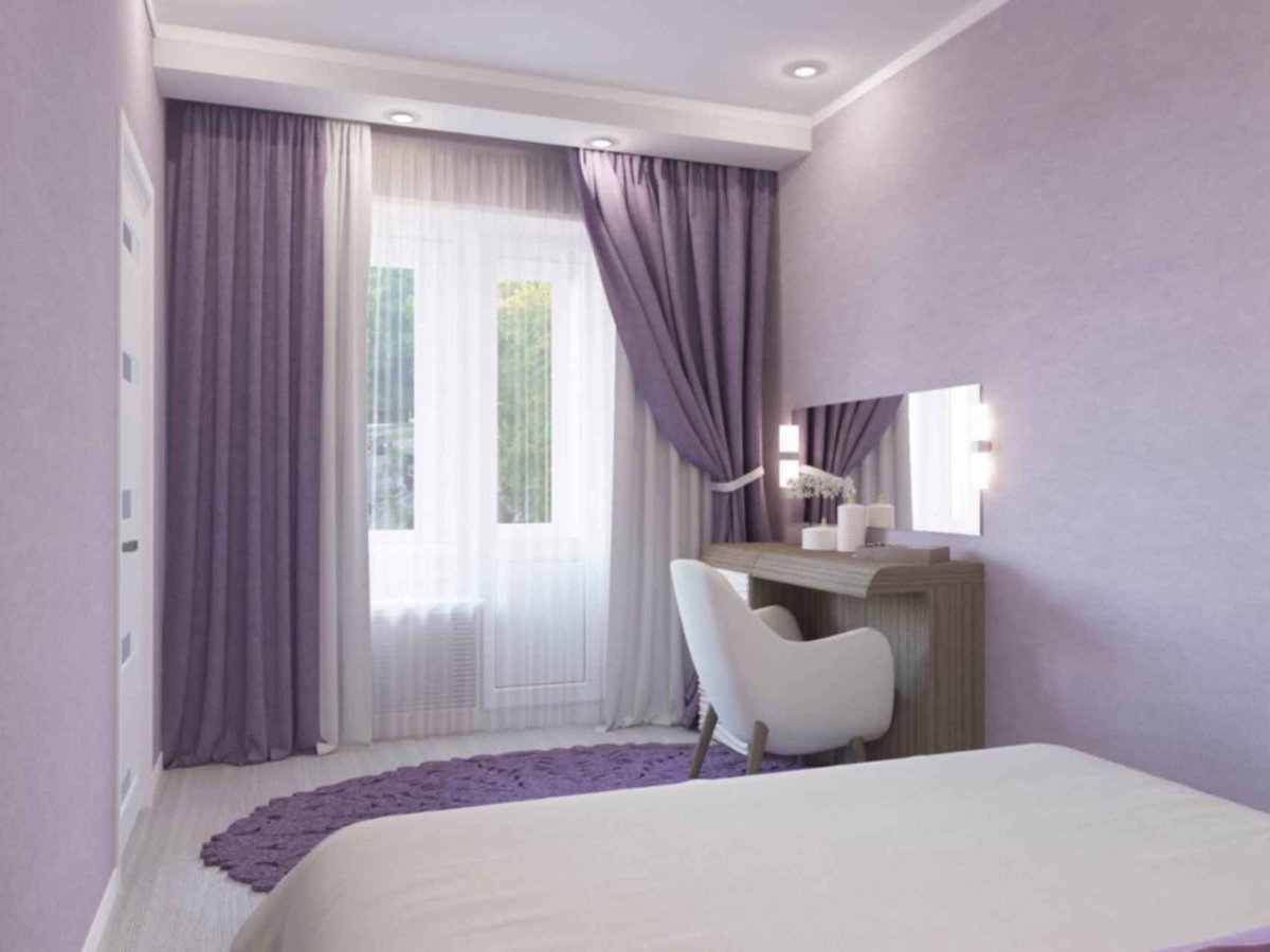 Лавандовые шторы в интерьере спальни