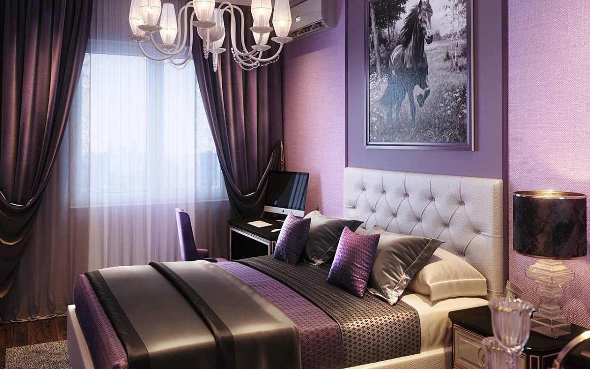 Фиолетовые шторы в интерьере спальни