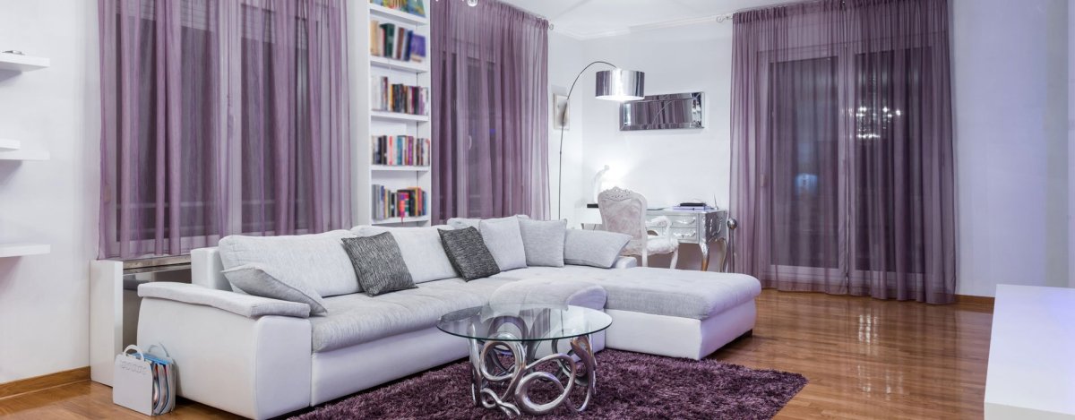 Шторы и тюль в зал в сиренево сером цвете