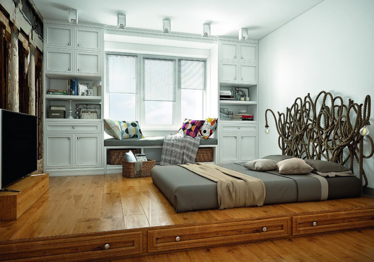 Интерьер спальни с подиумом