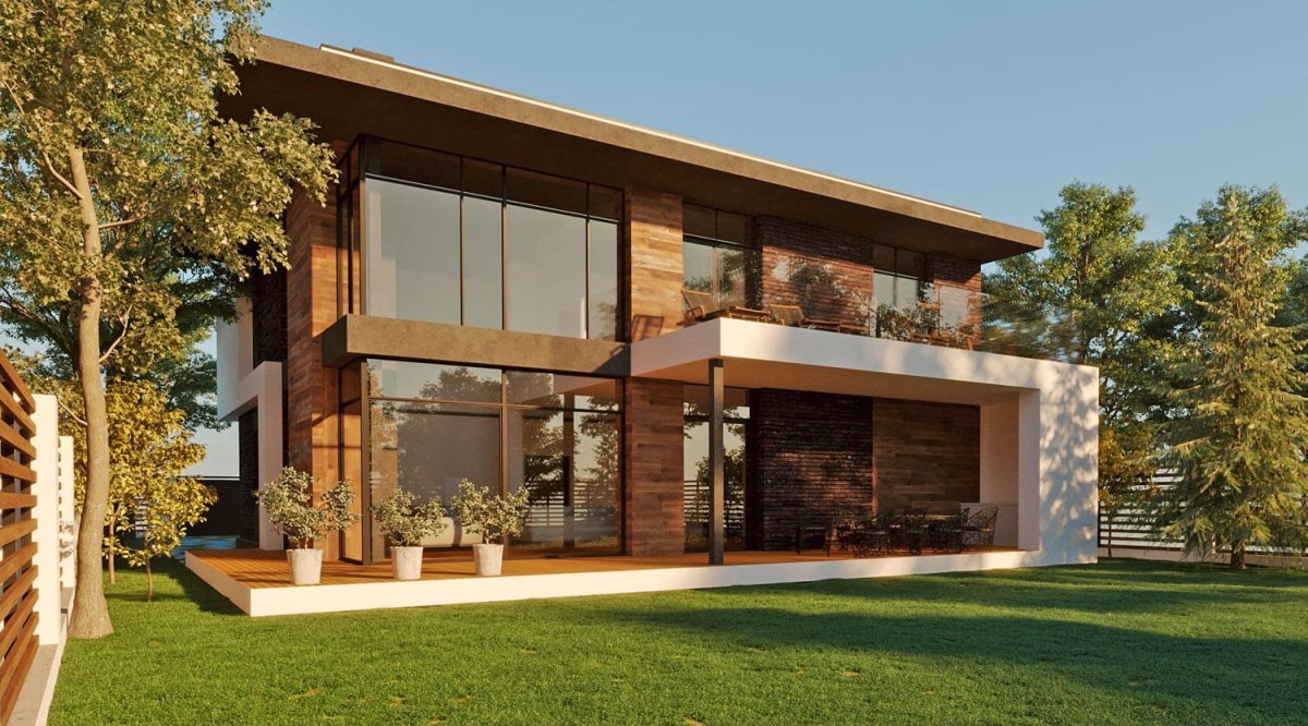 Дом с плоской крышей и панорамными окнами