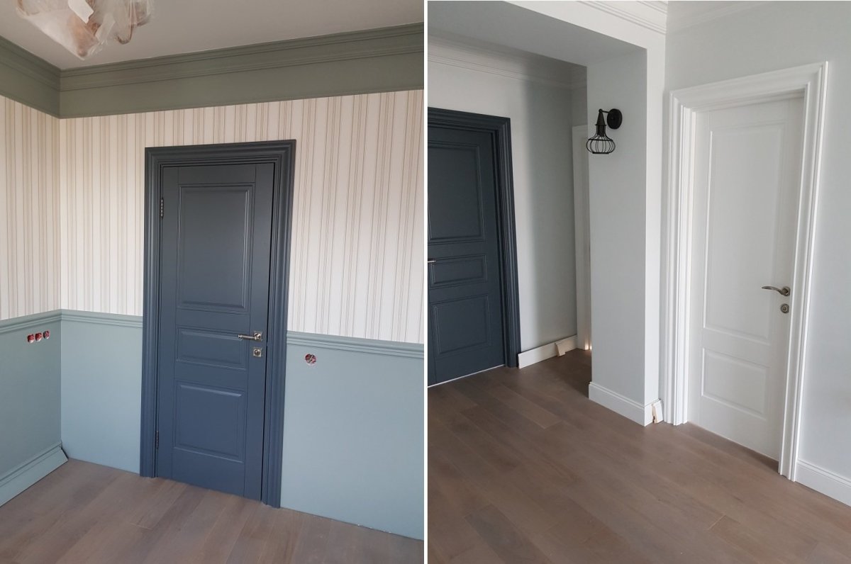 Серые двери и белый плинтус