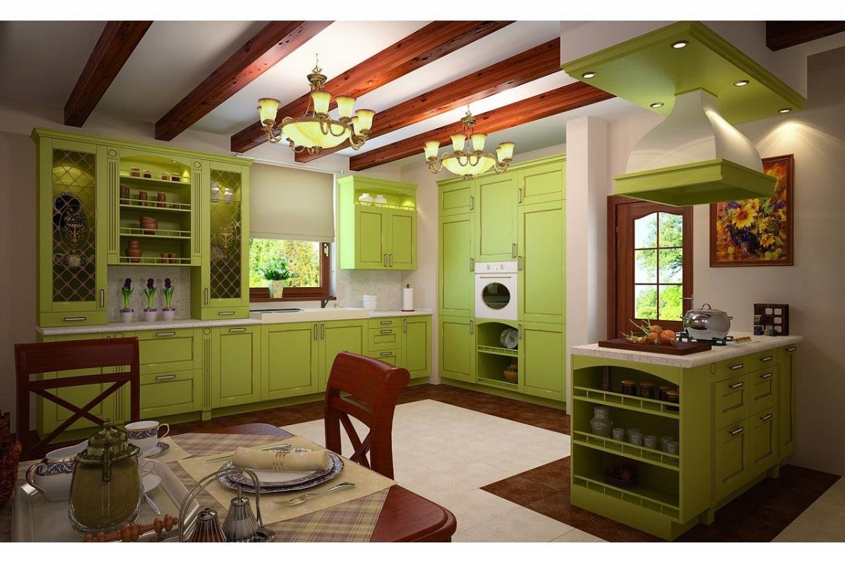 Фисташковая кухня в деревянном доме