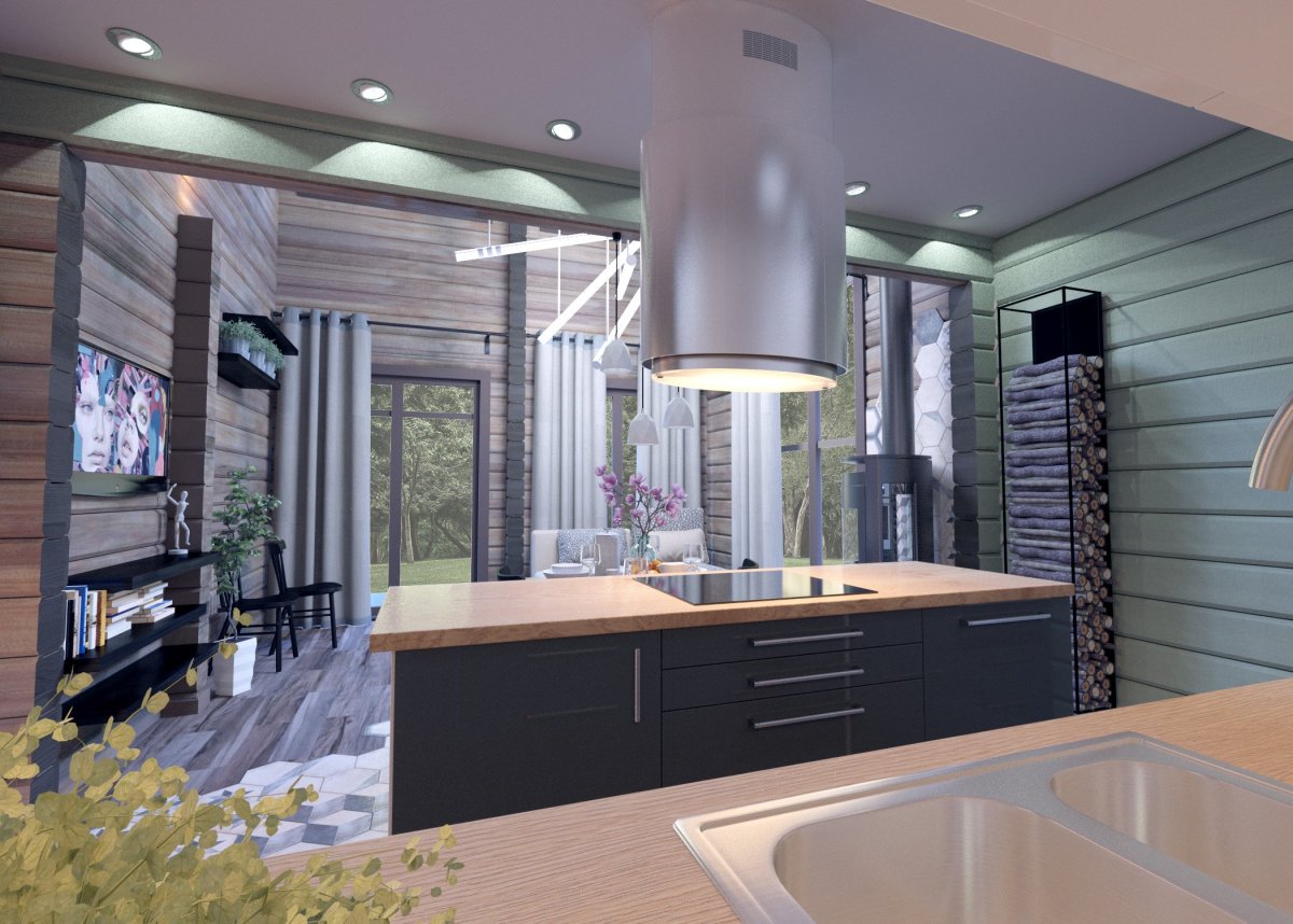 Интерьер кухни в доме из клееного бруса