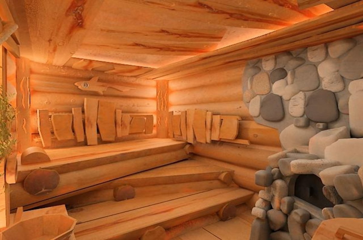 Интерьер бани из бревна