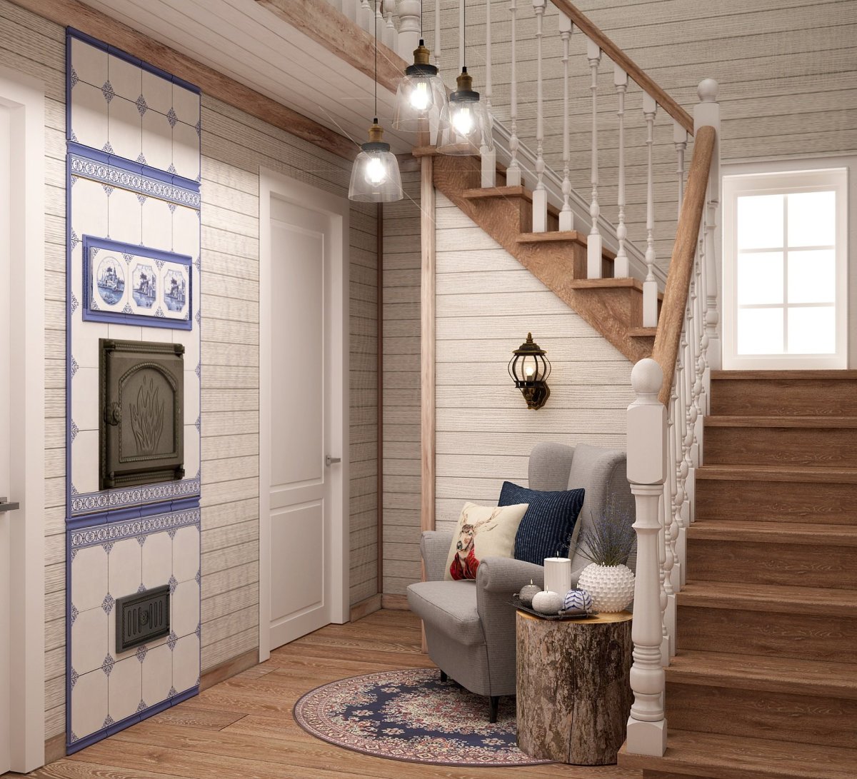 Гостиная в скандинавском стиле в деревянном доме