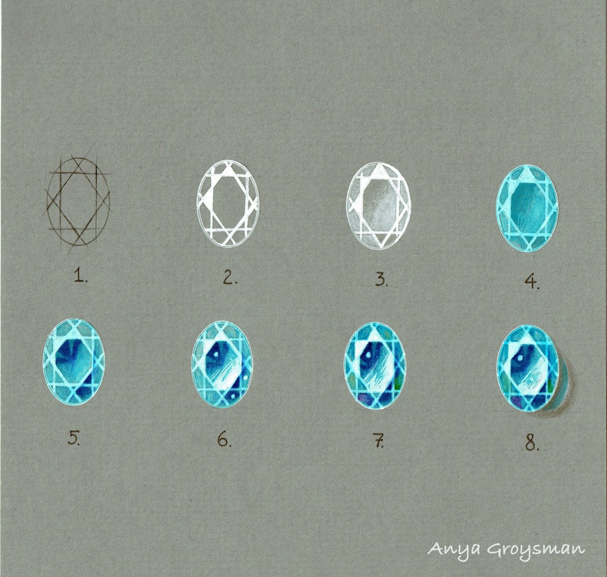 Отмывка акварелью драгоценных камней