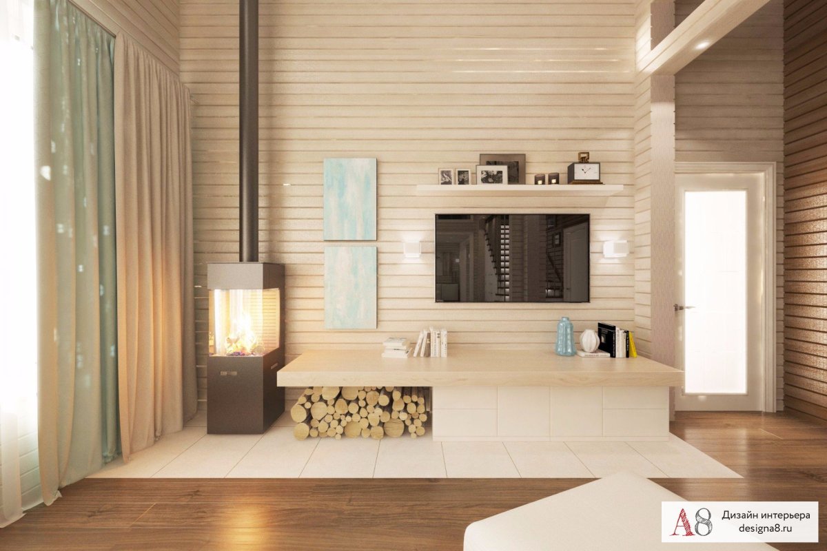 Гостиная в скандинавском стиле с имитацией бруса