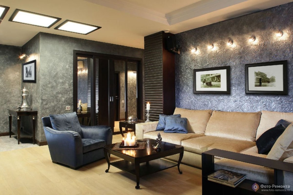 Серая штукатурка в интерьере гостиной