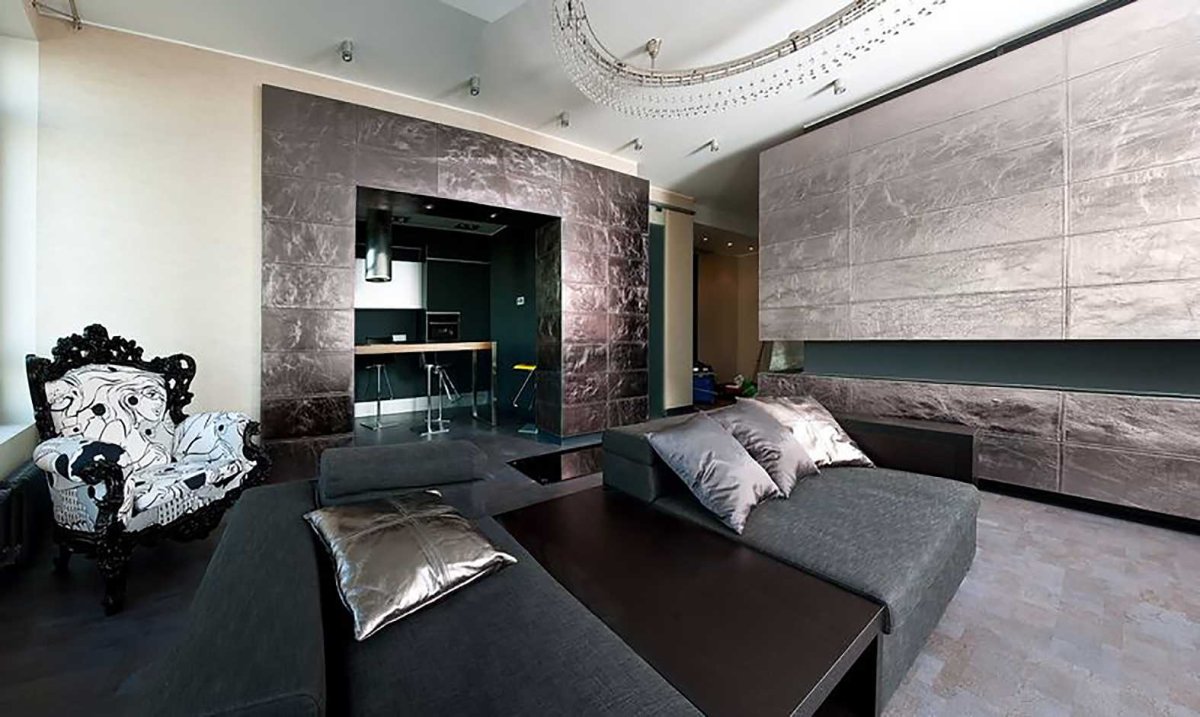 Обои под кожу в интерьере гостиной