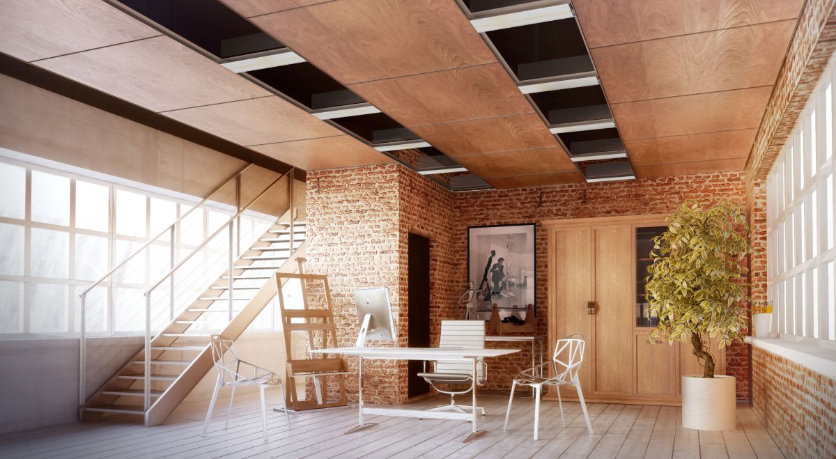 Реечный потолок в стиле лофт в кафе