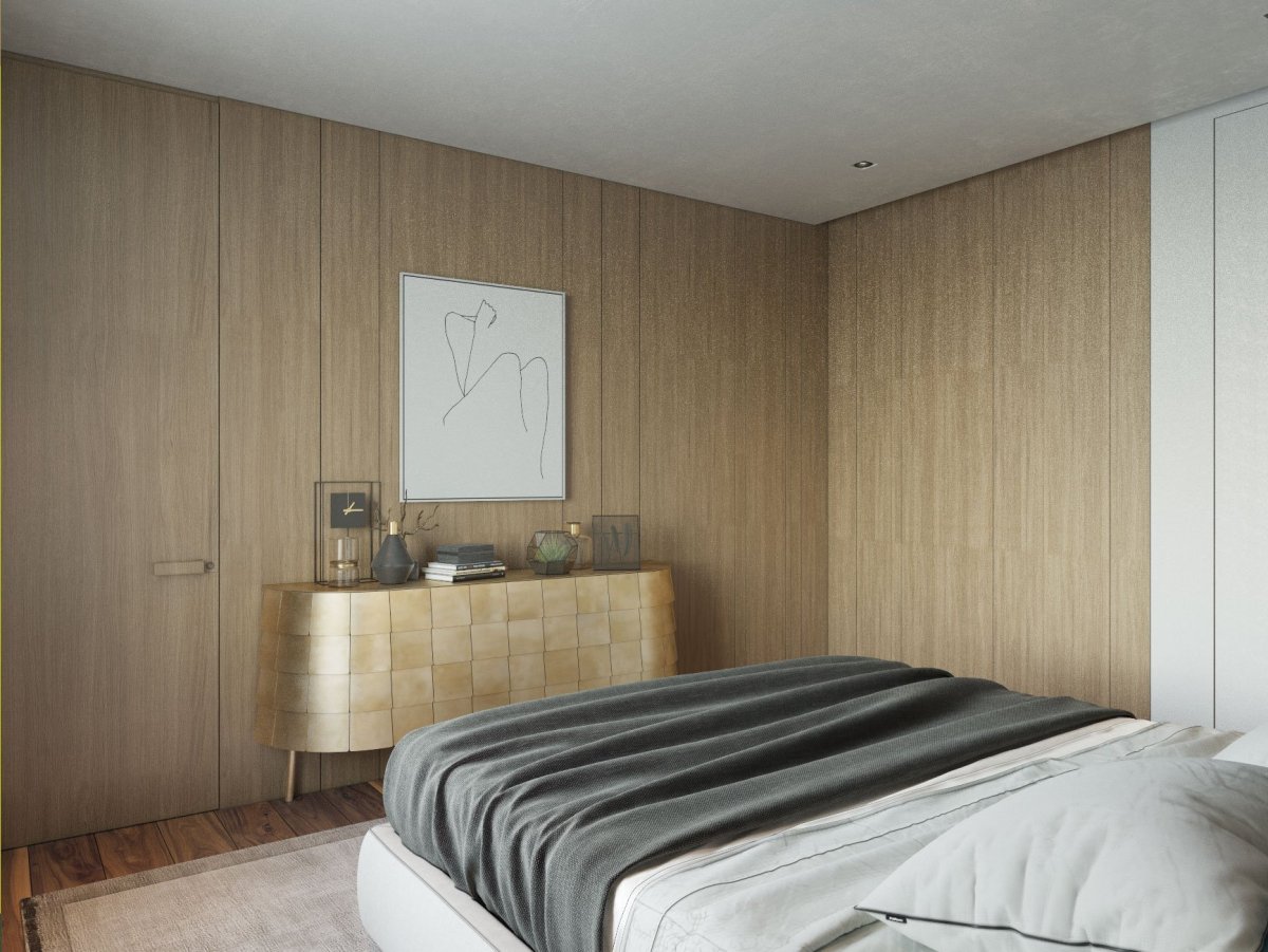 Шпонированные панели в спальне