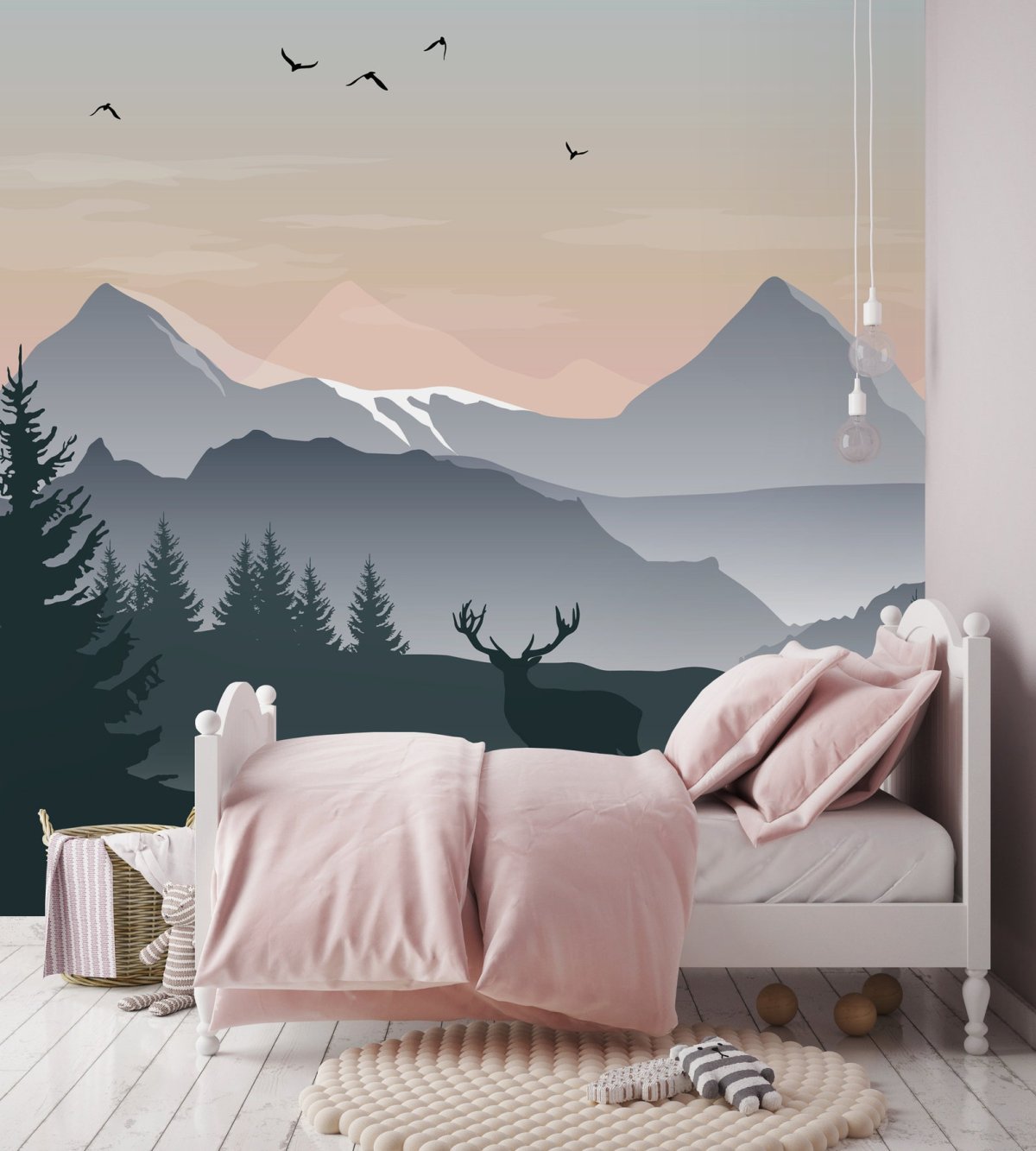 Горы в спальне на стене