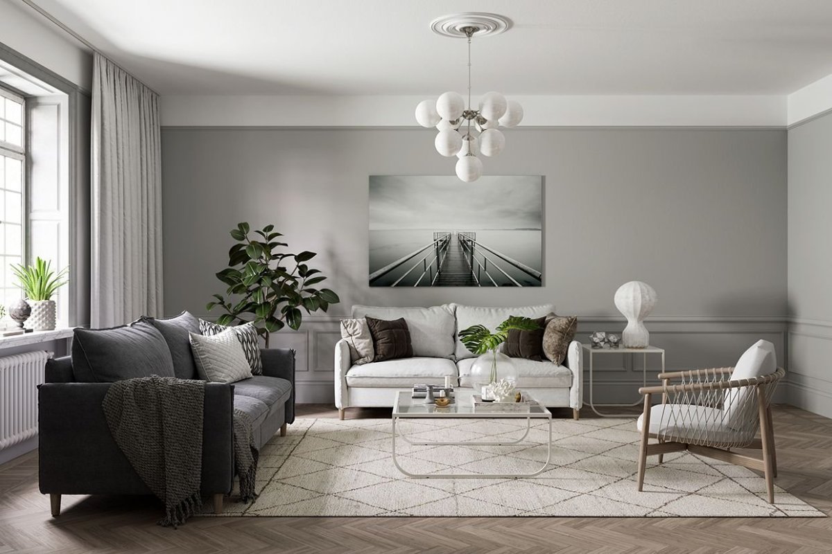 Люстра интерьер гостиной в серых тонах