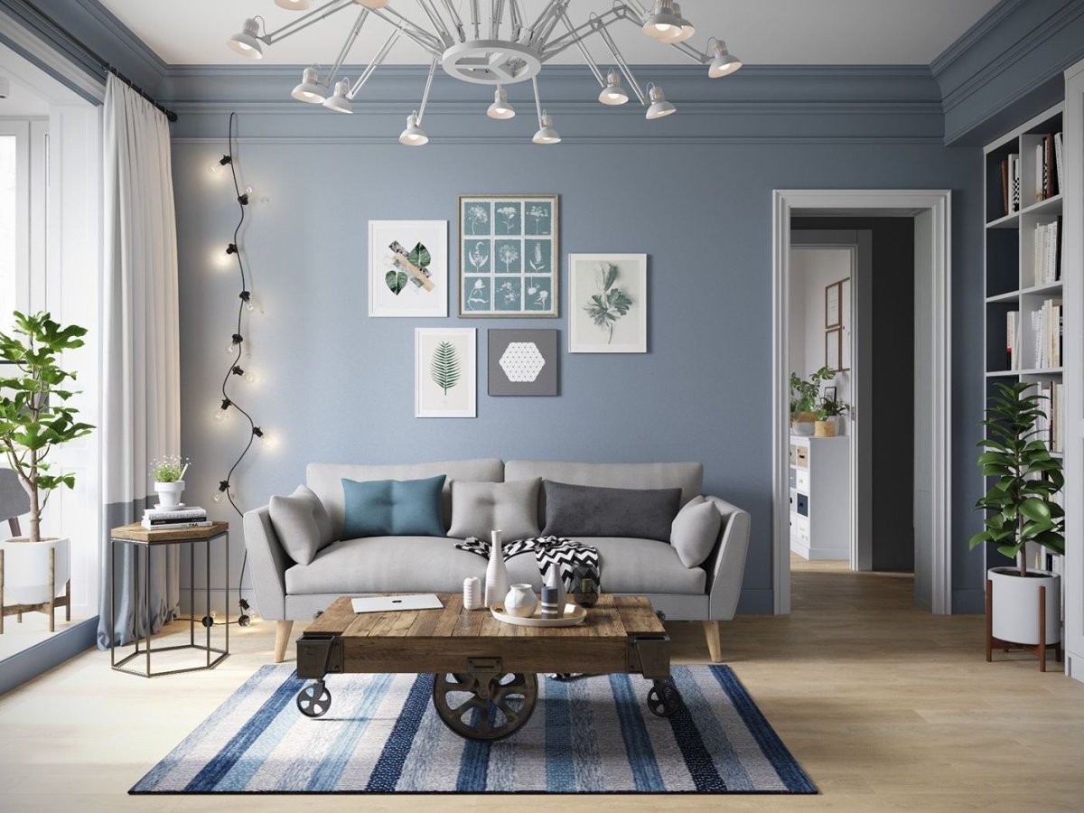 Гостинная Сканди в сине-серых тонах
