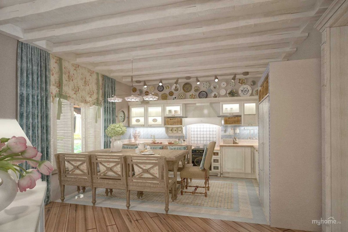 Кухня-гостиная в стиле Прованс в деревянном доме