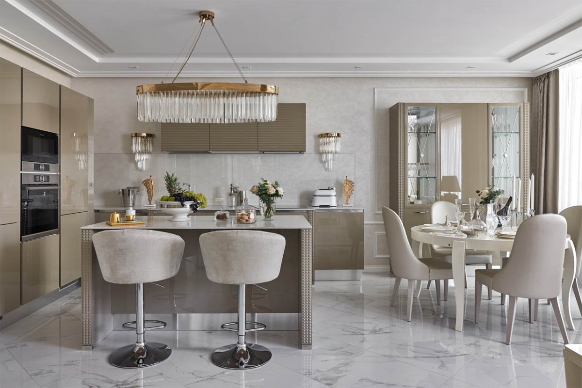 Кухня жемчужного цвета в интерьере