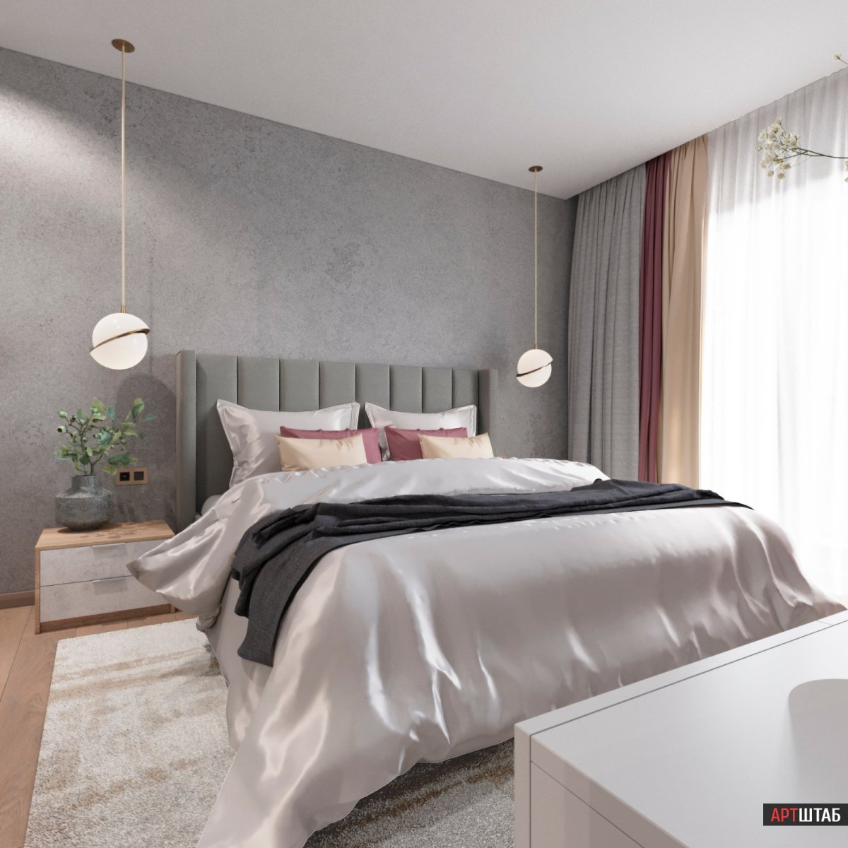 Жемчужно серая спальня