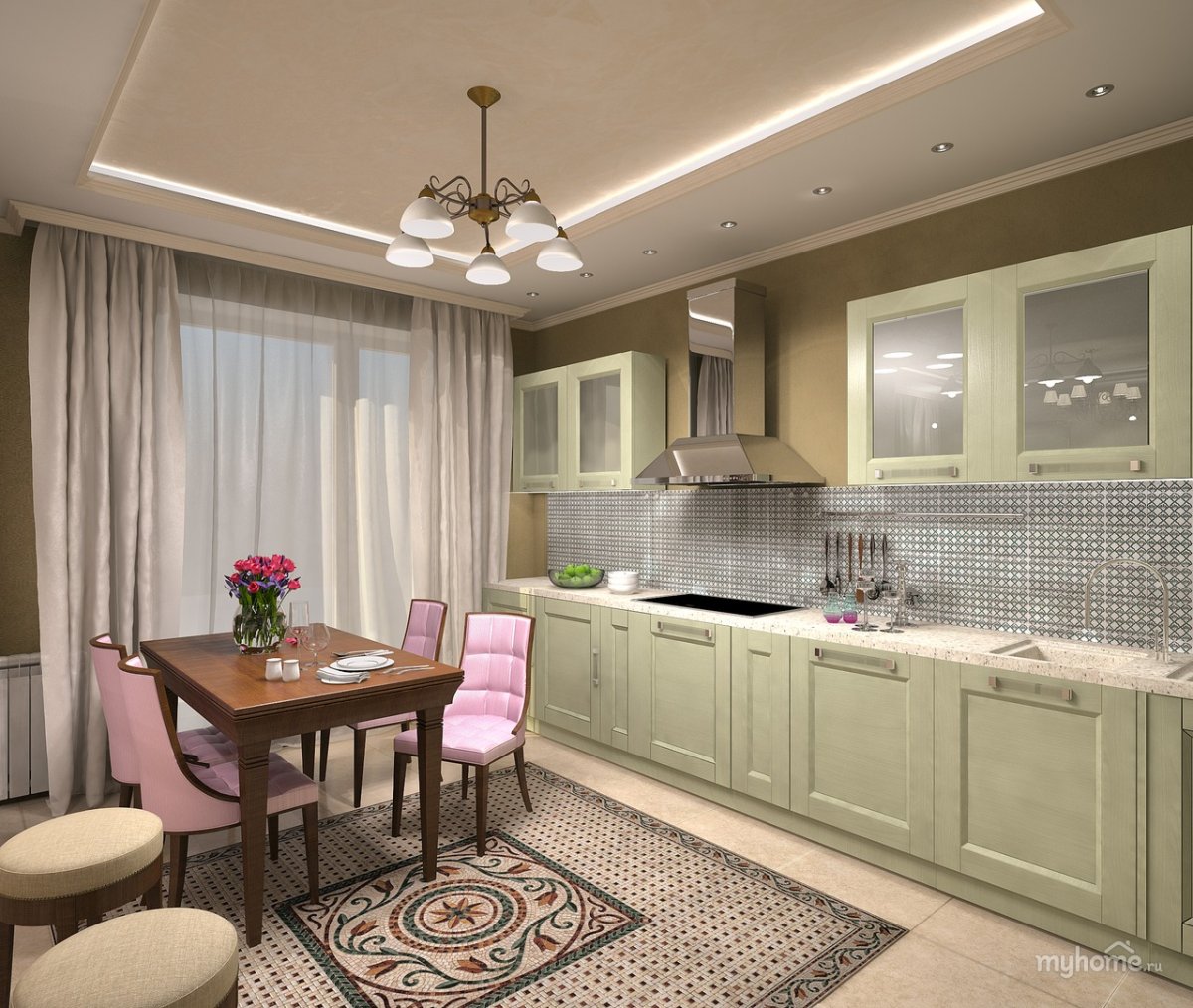 Кухня-гостиная в оливковом цвете