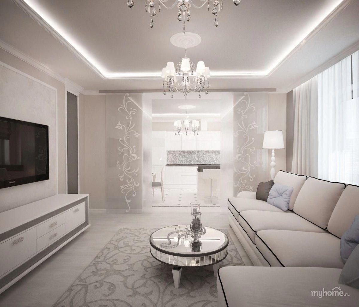 Зал гостиная в светлых тонах