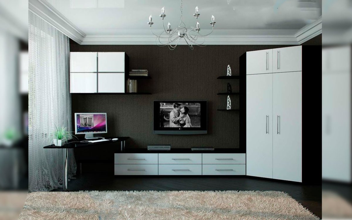 Гостиная с компьютерным столом и шкафом