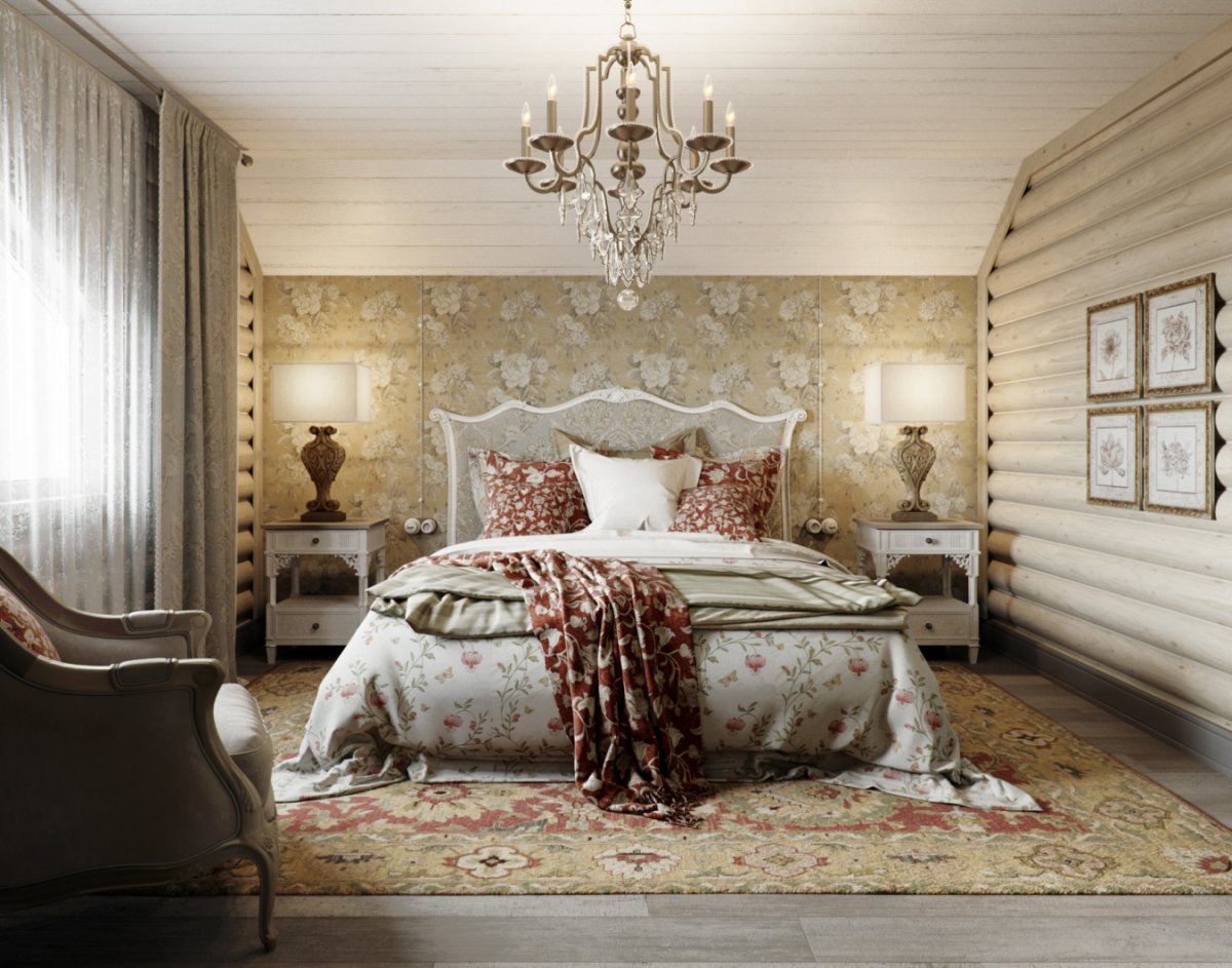 Спальня в Прованс стиле в срубовом доме