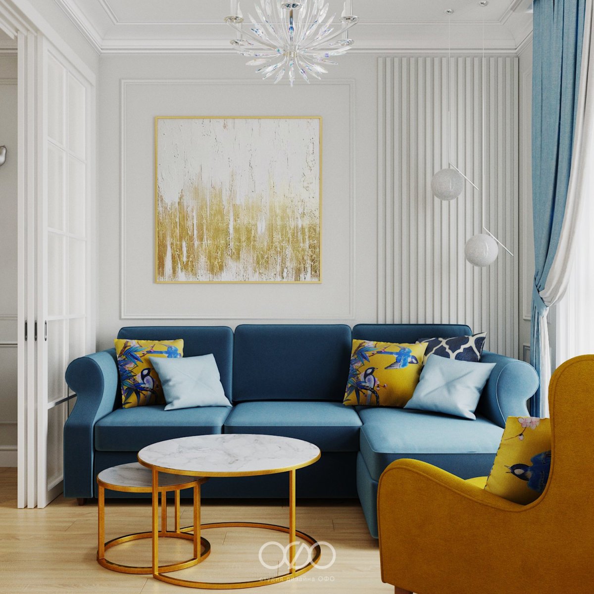 Дизайн гостиной с синим диваном