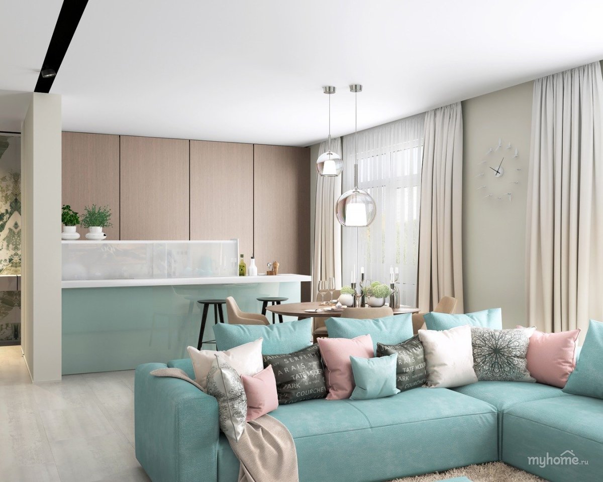 Гостиная в бирюзовых тонах в современном стиле с кухней