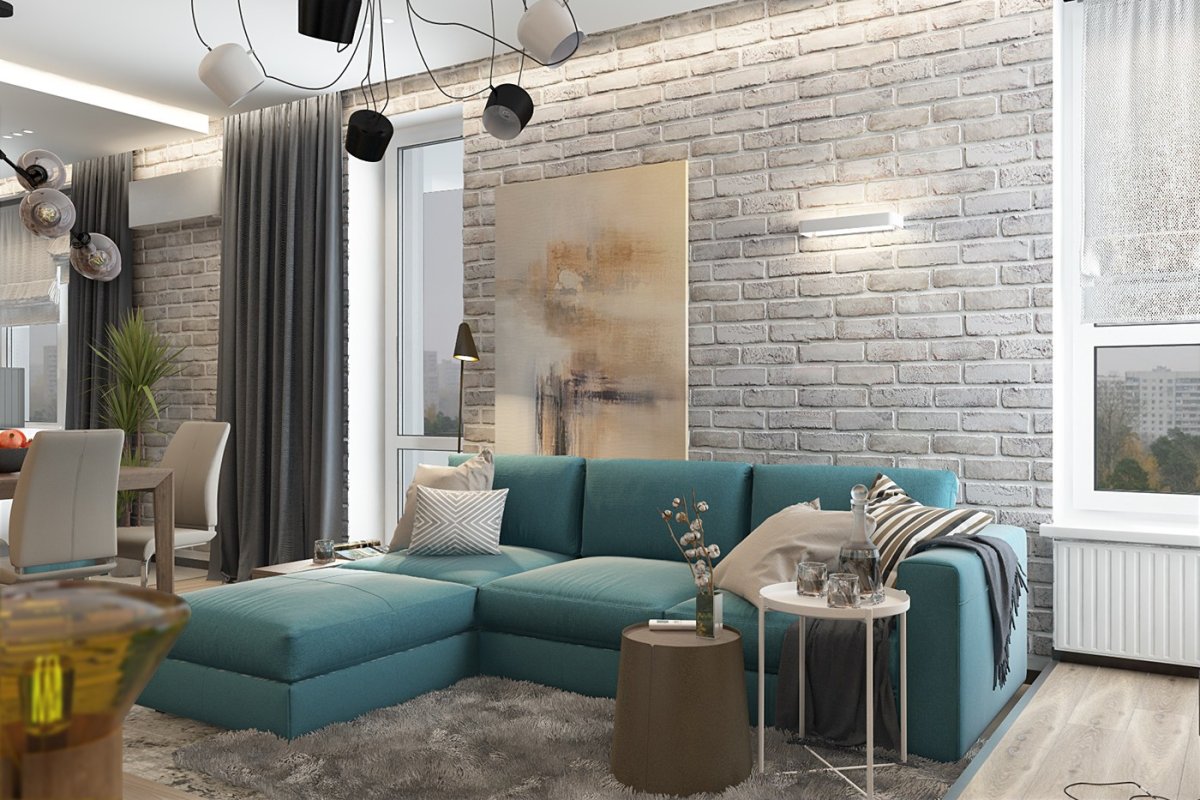 Кирпич и бирюза в интерьере