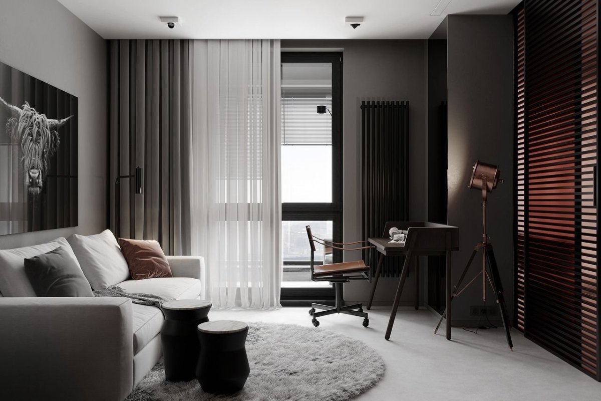 Серые рейки в интерьере гостиной