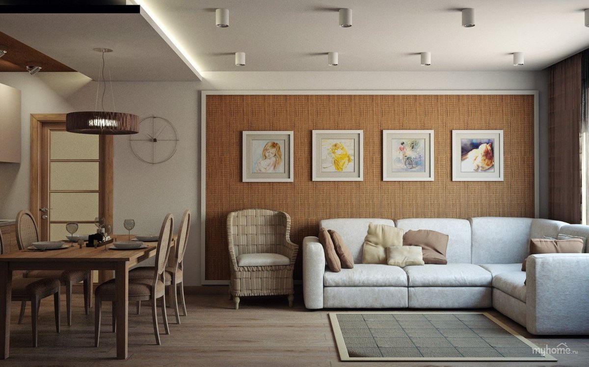 Гостиная с обеденным столом и диваном