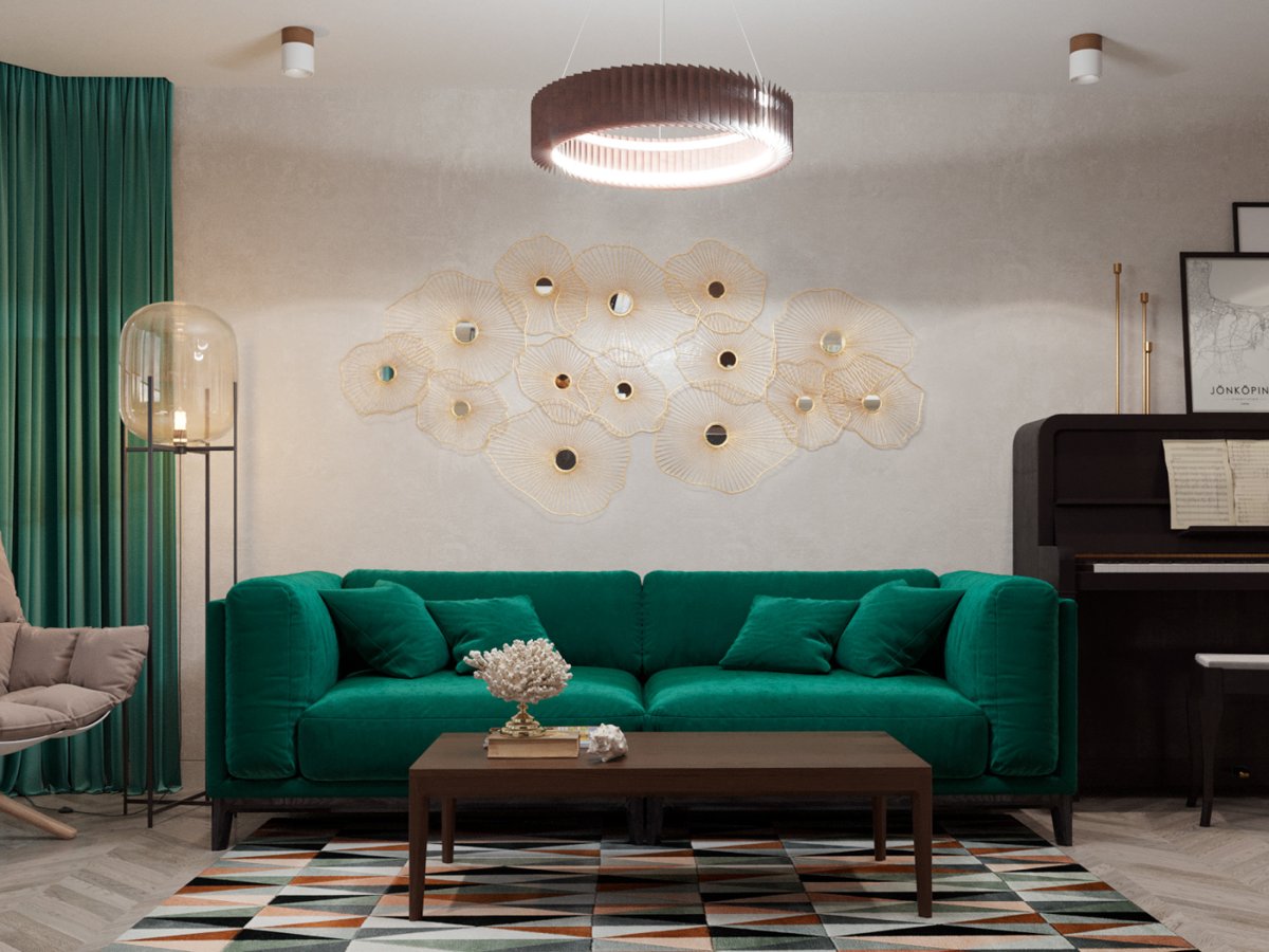 Гостиная в современном стиле в квартире с зеленым диваном