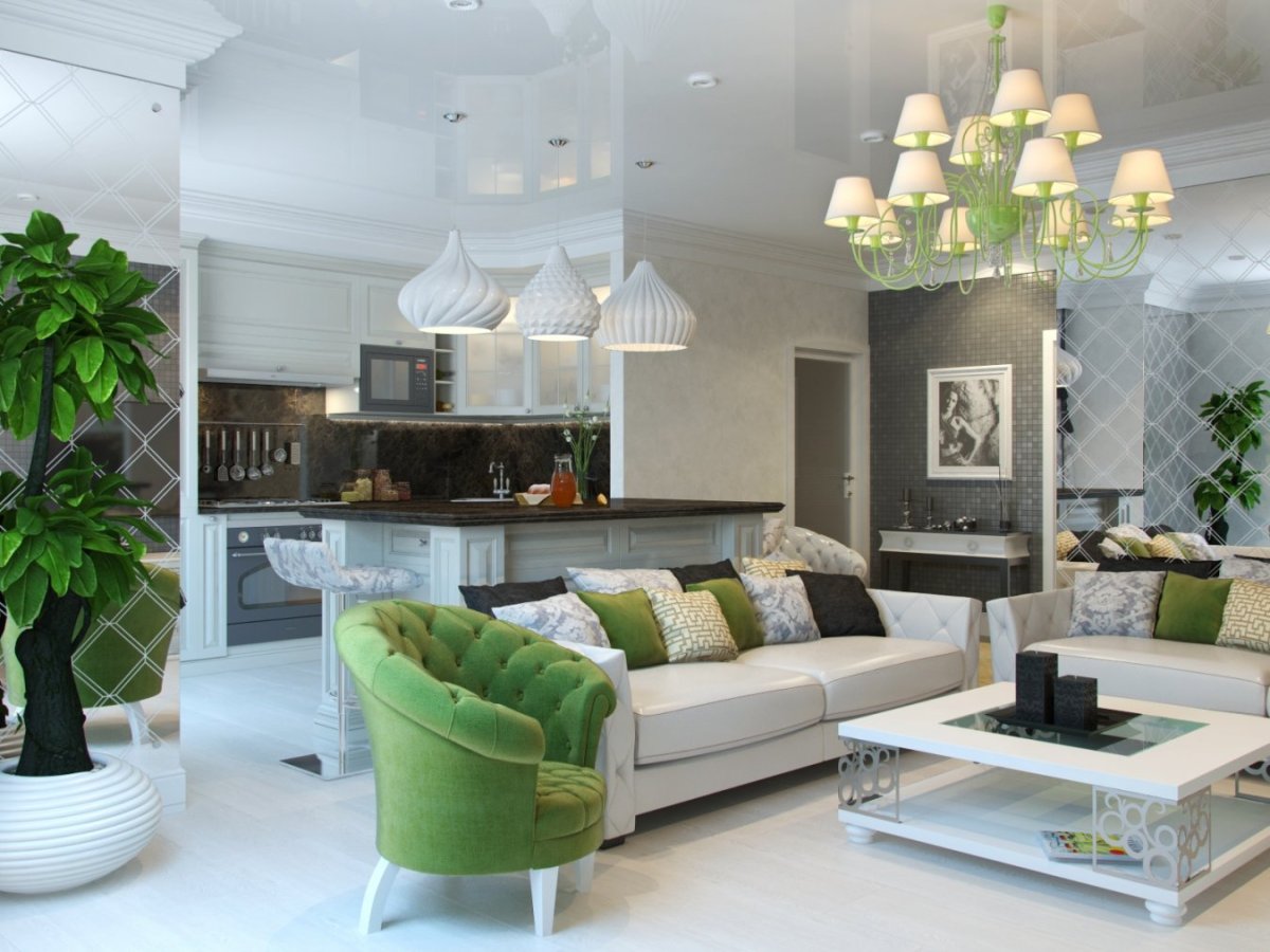 Зеленый в интерьере кухни гостиной