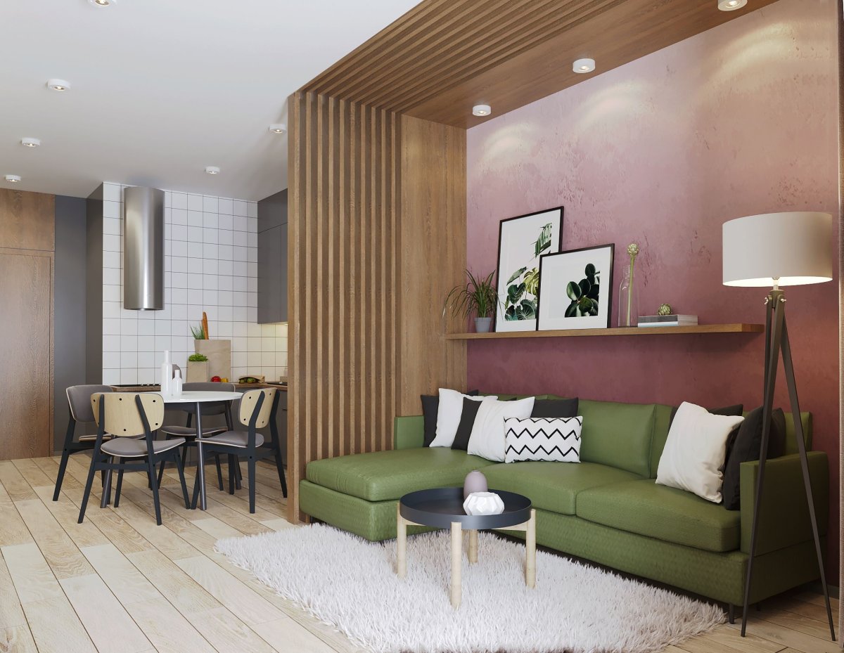 Кухня гостиная с зеленым диваном