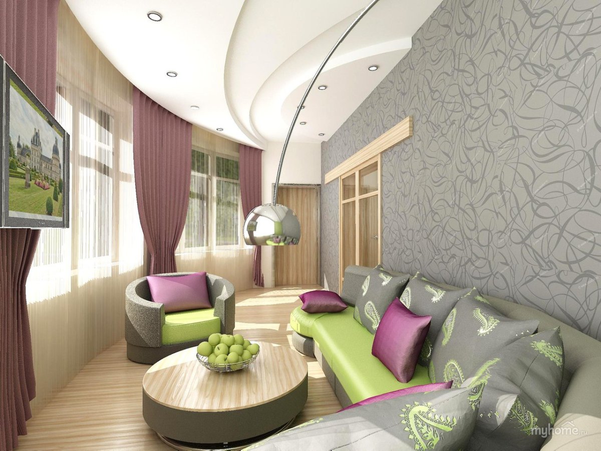 Интерьер гостиной в зеленых и сиреневых тонах