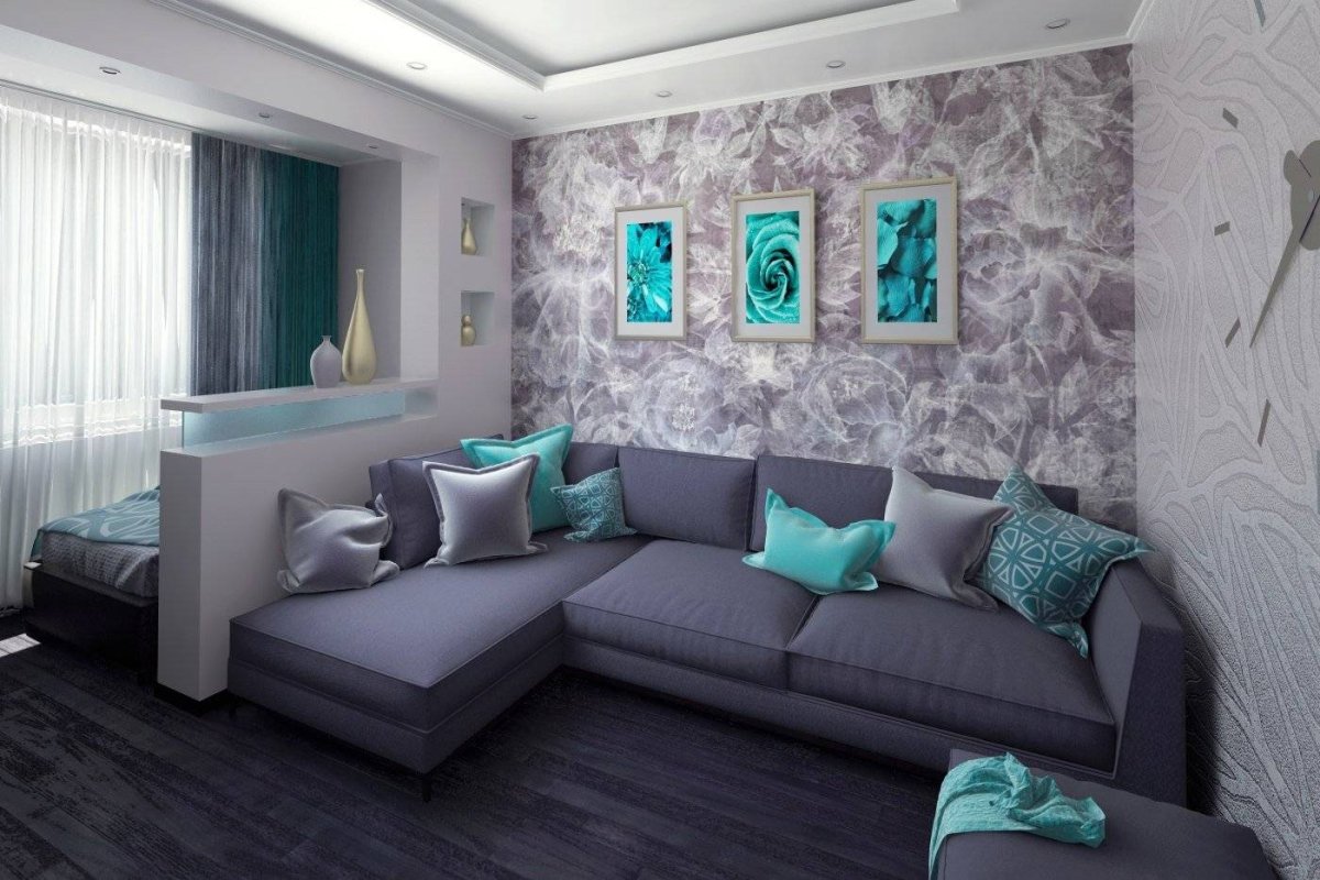 Бирюзовые обои в интерьере гостиной