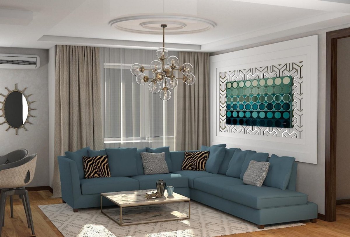 Интерьер кухни гостиной с бирюзовым диваном